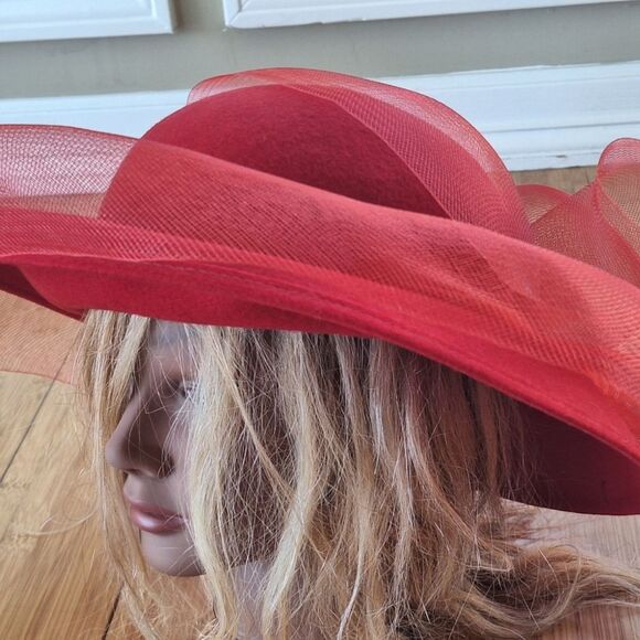 Vintage Wool RED Fascinator Hat Organza Kentucky Derby Church Bridal Tea Wedding - Picture 4 of 14